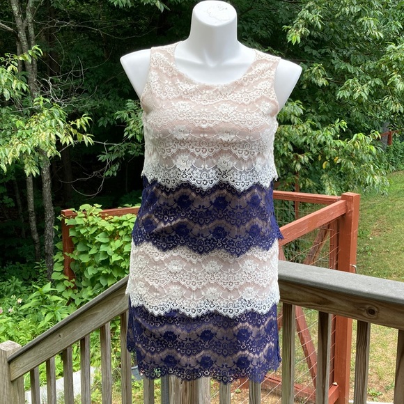 Jessica Simpson white and navy layered lace over nude dress size 10 - Picture 2 of 11